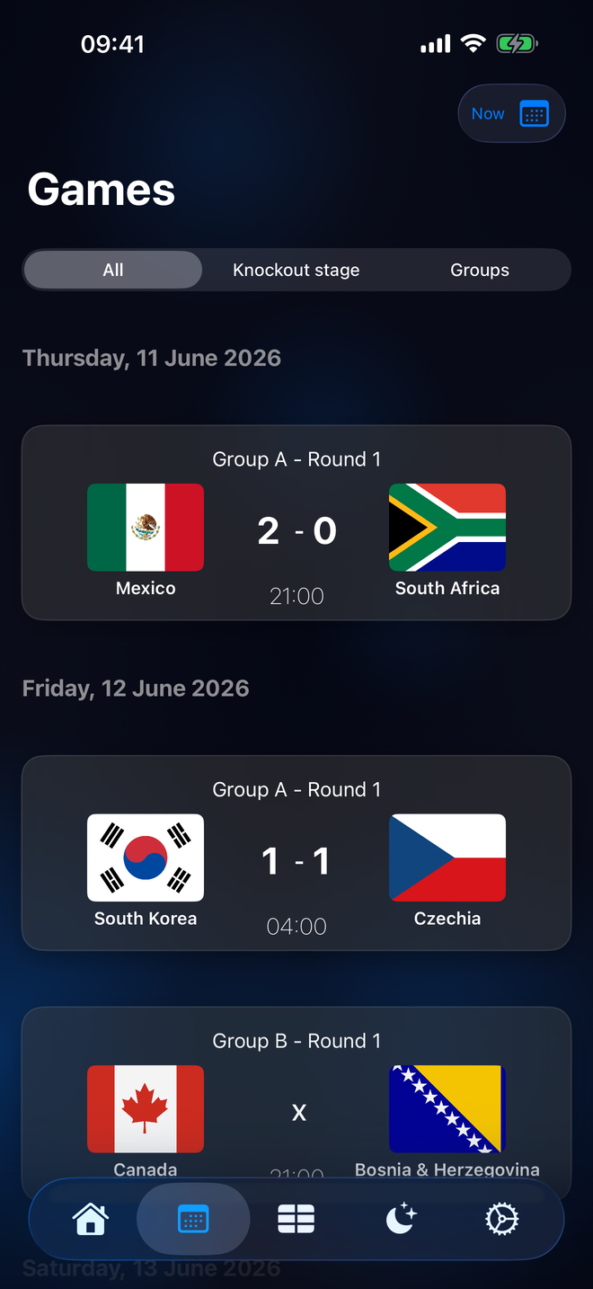 Fixtures screen showing all scheduled games