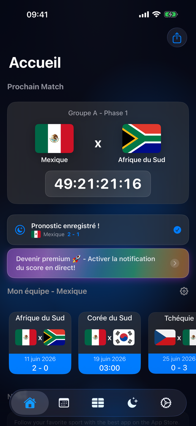 Ecran d'accueil BestFootball avec compte a rebours, pronostics et collection de cartes