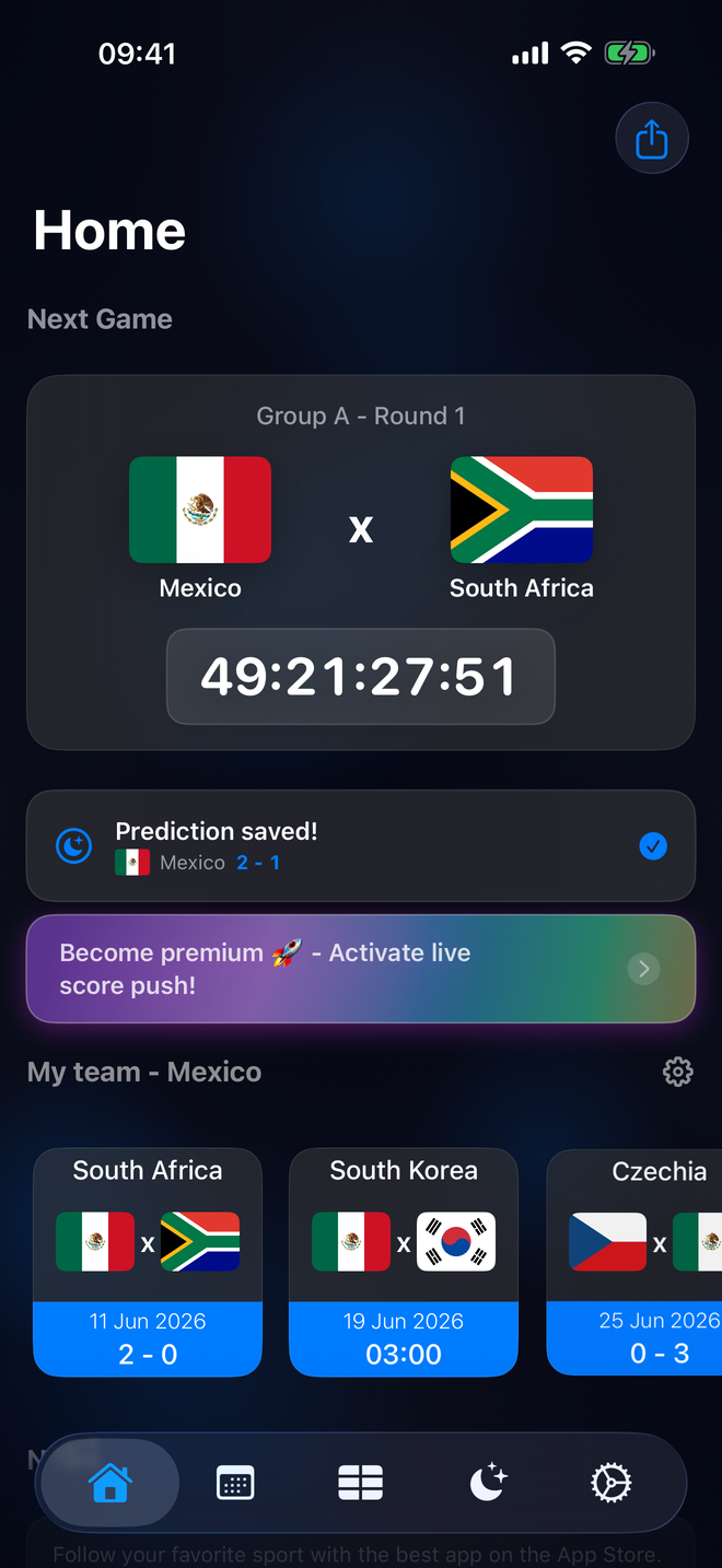 BestFootball home screen showing the next game countdown, predictions, and card collection