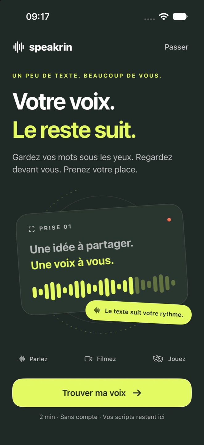 The current French welcome screen in Speakrin.