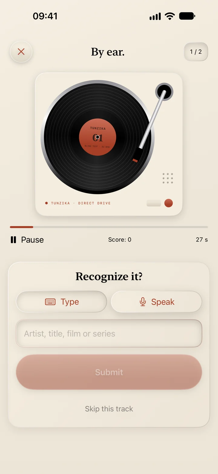 Tunzika Blind Test with a vinyl turntable and answer controls