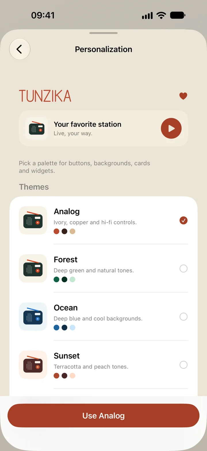 Tunzika appearance and personalization settings