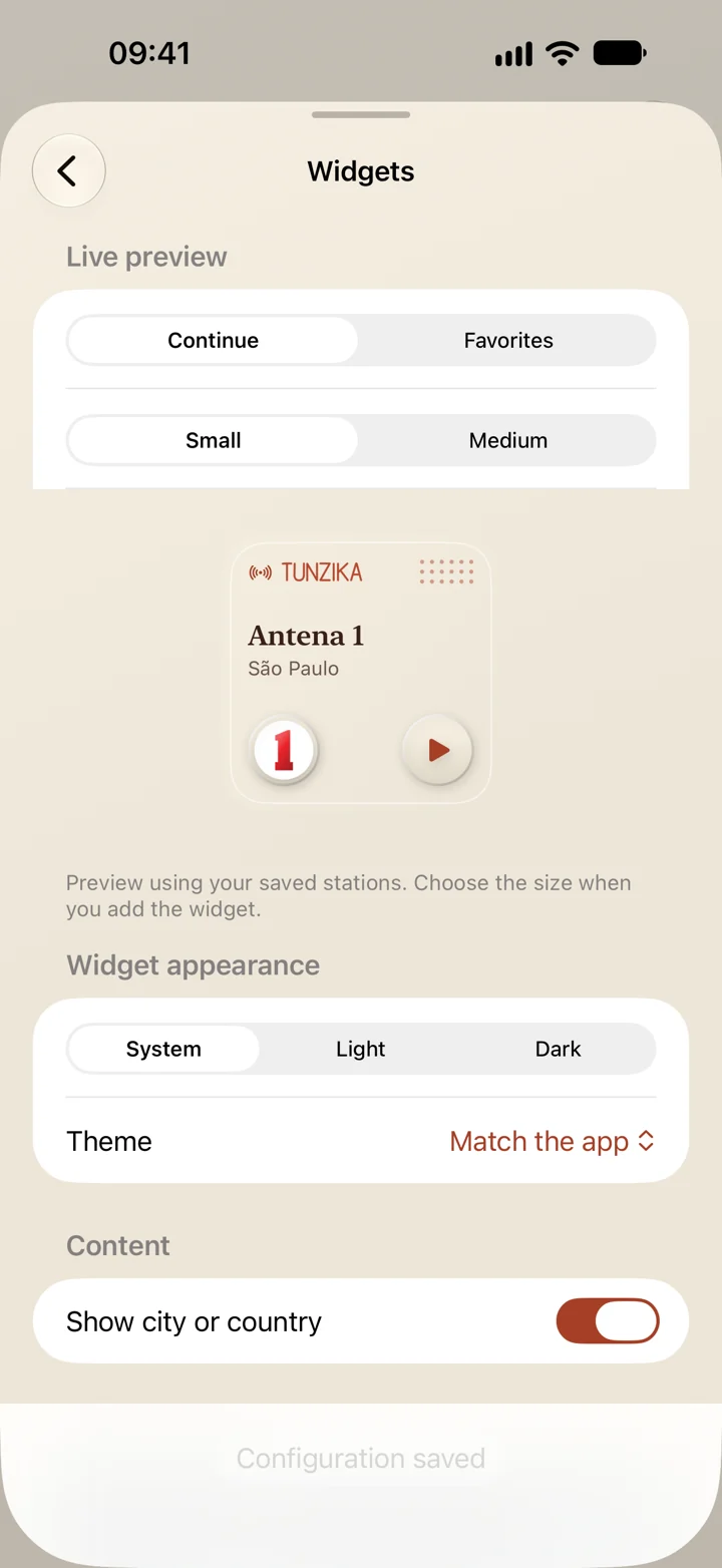 Tunzika widget preview and configuration