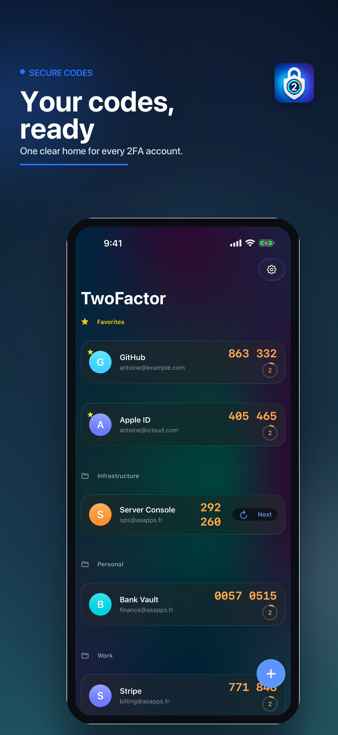 MyCode account list with verification codes and countdown timers