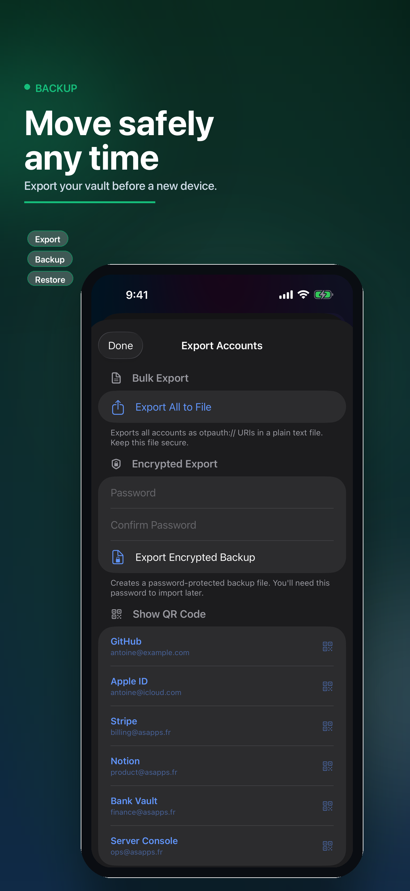 MyCode encrypted backup export screen
