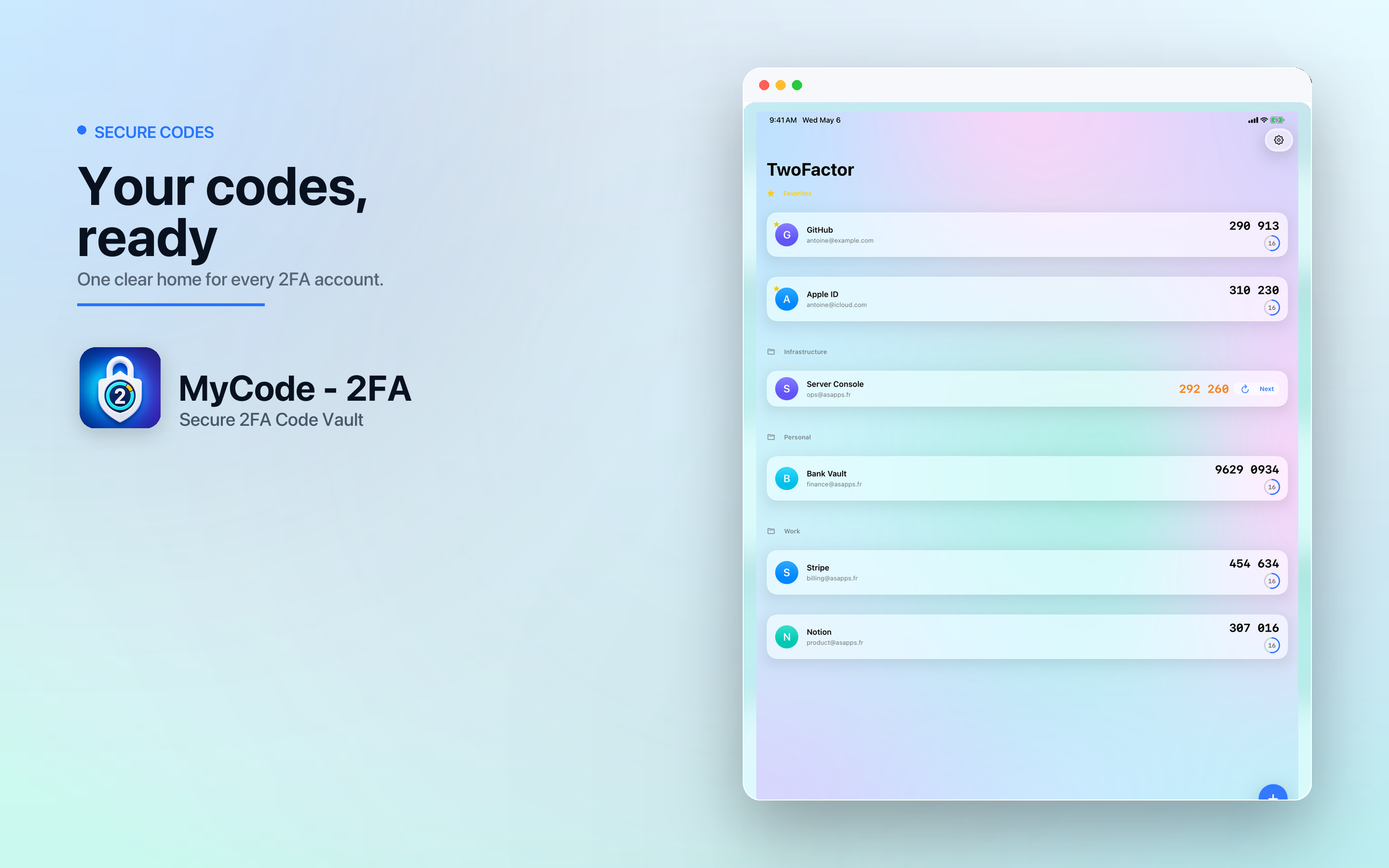 MyCode running on macOS with grouped authentication accounts